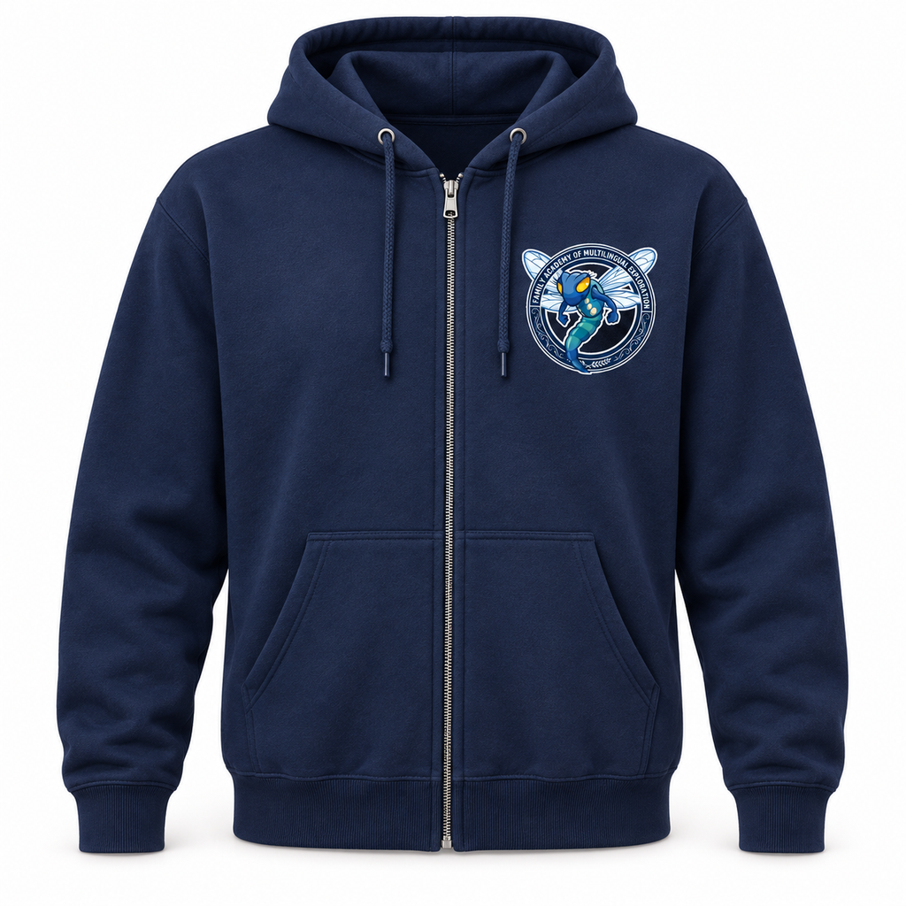 Navy FAME Strong full-zip hoodie with Academy crest on the left chest