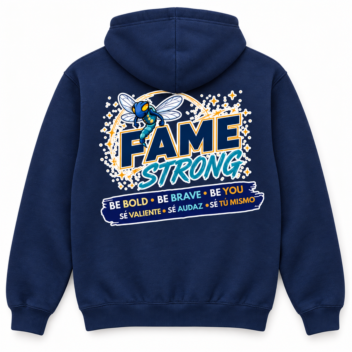 Back of navy FAME Strong full-zip hoodie with large bilingual FAME Strong design