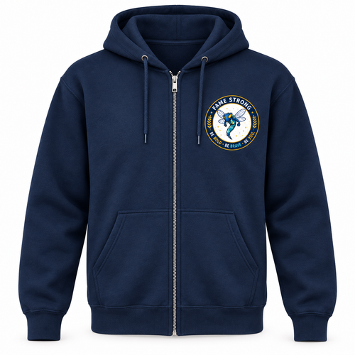 Navy FAME Strong full-zip hoodie with circular FAME Strong badge on the left chest
