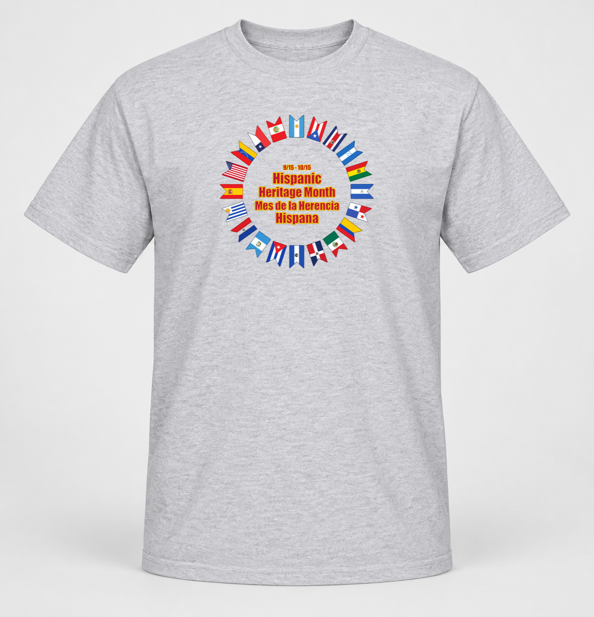 Ash gray Hispanic Heritage Month T-shirt with a bilingual design surrounded by flags