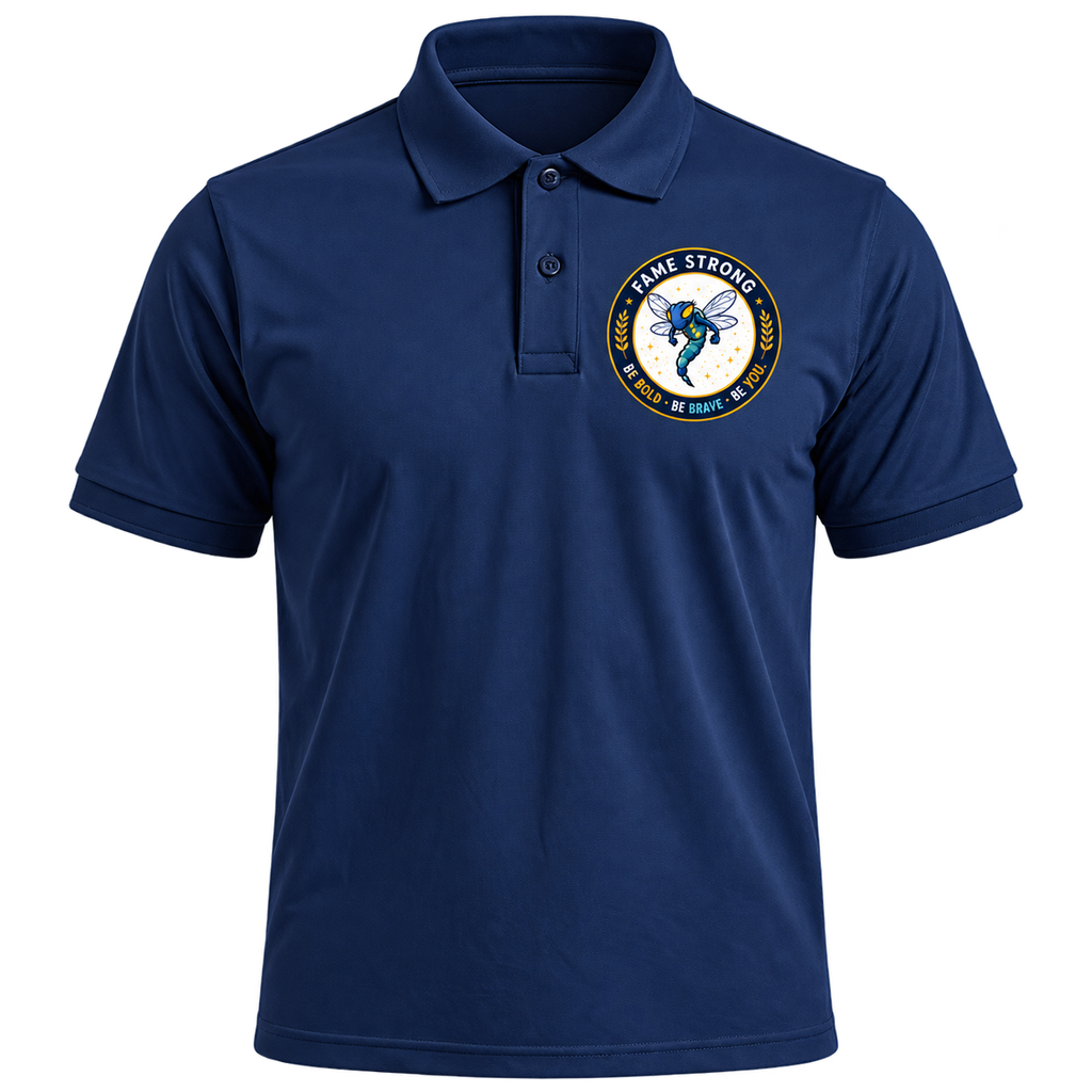 Navy FAME Strong polo with circular FAME Strong badge on the left chest