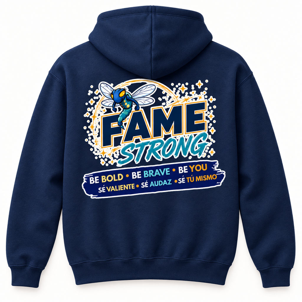 Back of navy FAME Strong pullover hoodie with large bilingual FAME Strong design