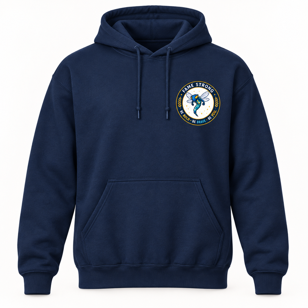 Navy FAME Strong pullover hoodie with circular FAME Strong badge on the left chest
