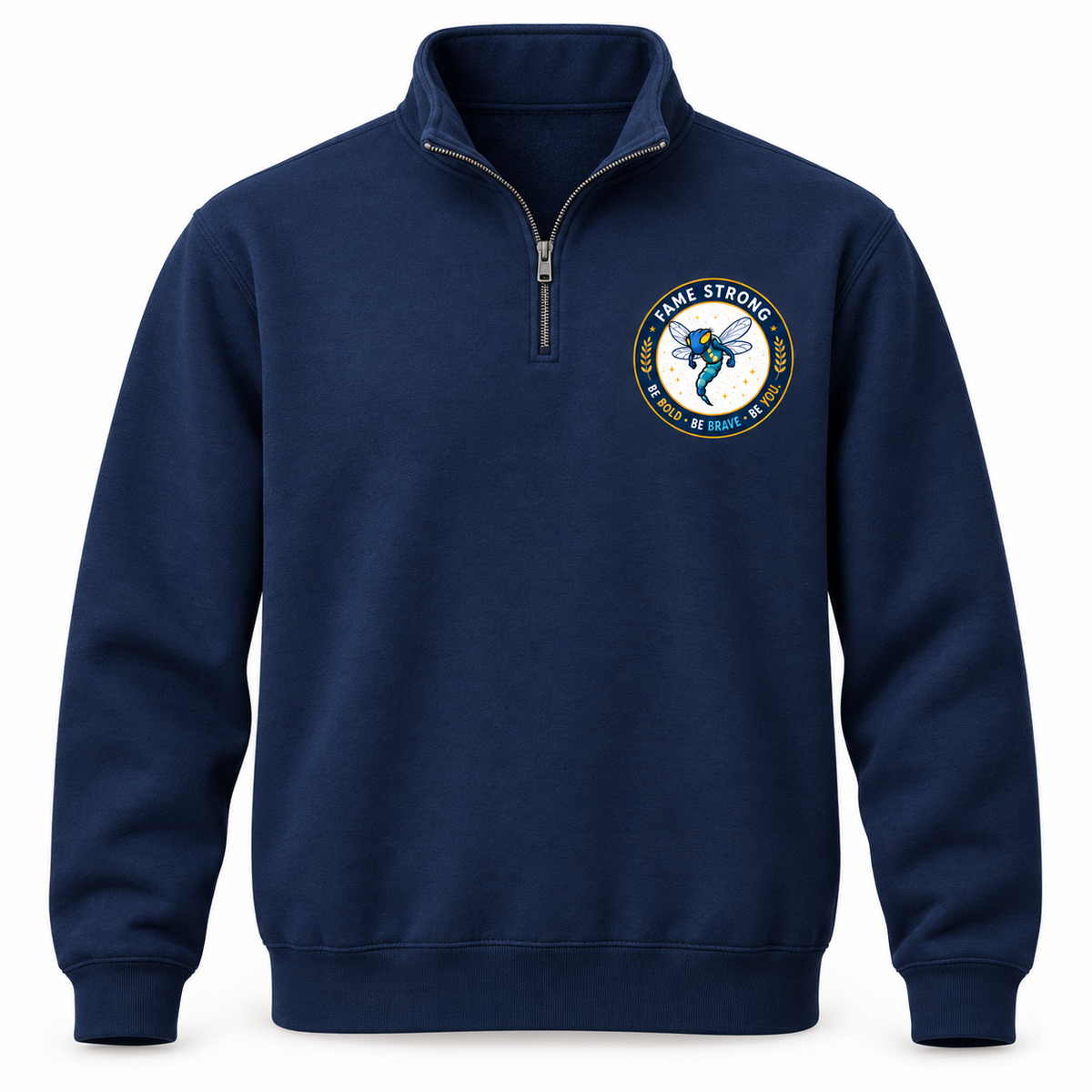 Navy FAME Strong quarter-zip sweatshirt with circular FAME Strong badge on the left chest