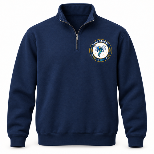 Navy FAME Strong quarter-zip sweatshirt with circular FAME Strong badge on the left chest
