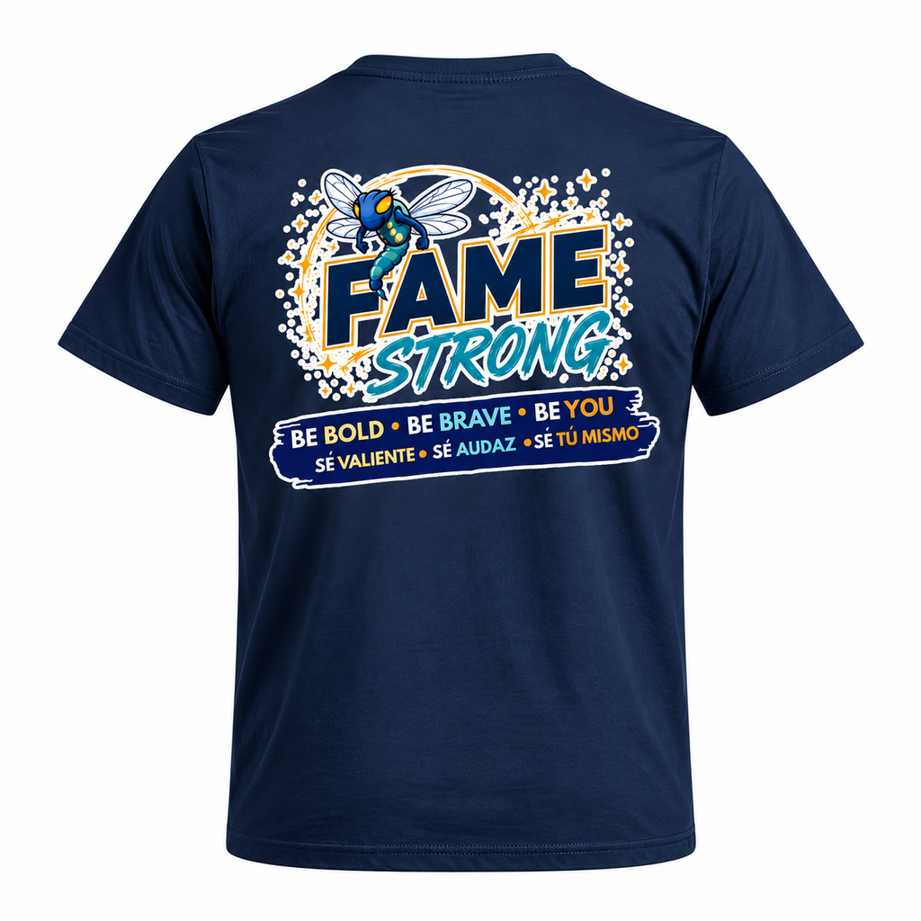 Back of navy T-shirt with large bilingual FAME Strong design