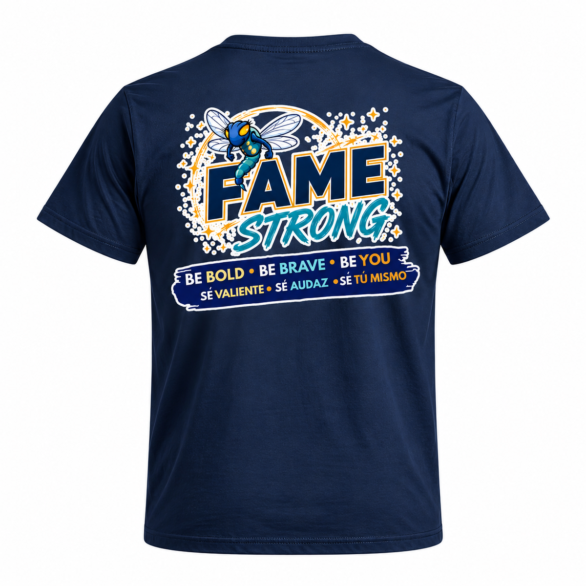 Back of navy T-shirt with large bilingual FAME Strong design