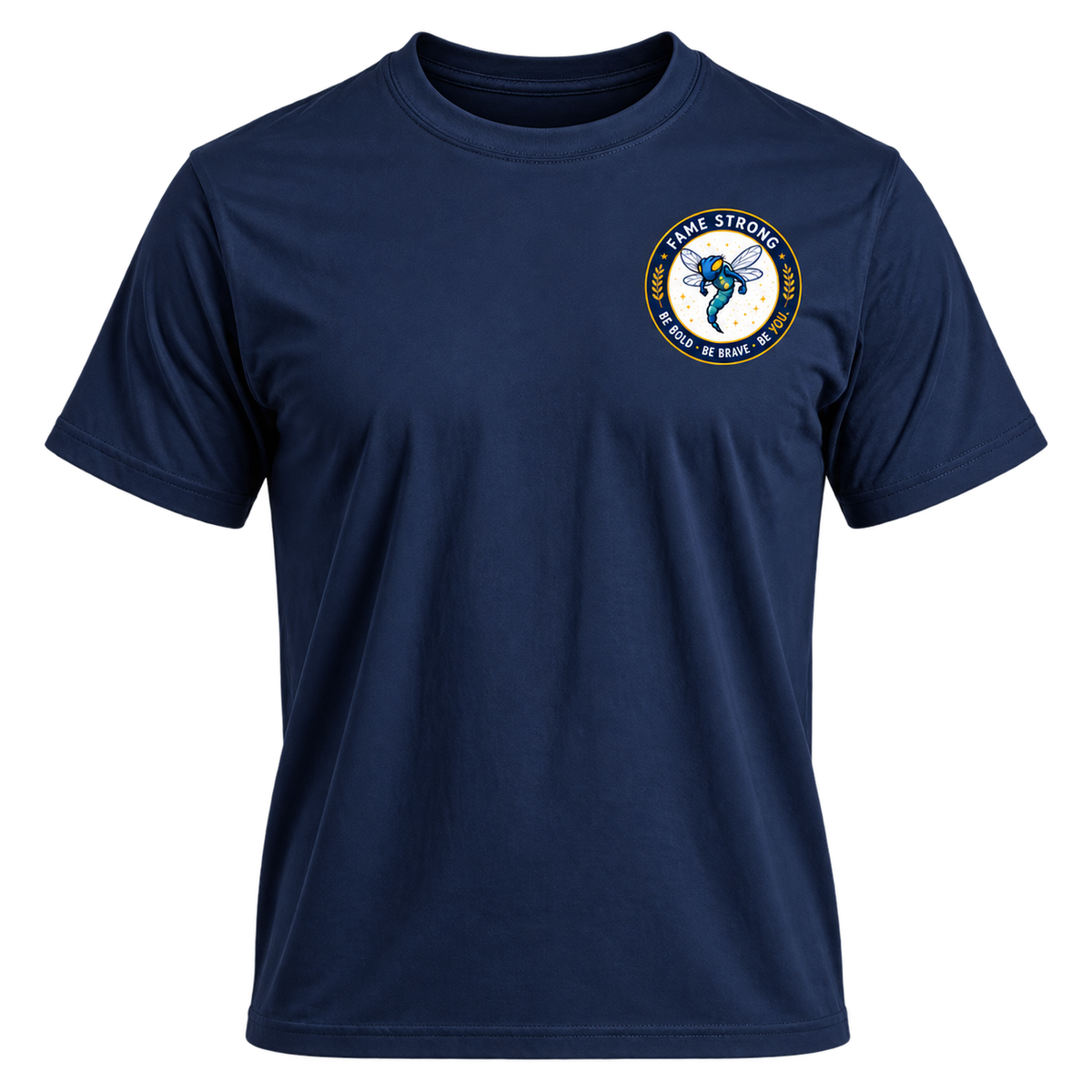 Navy FAME Strong T-shirt with circular FAME Strong badge on the left chest