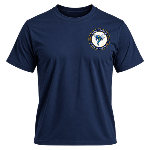 Navy FAME Strong T-shirt with circular FAME Strong badge on the left chest